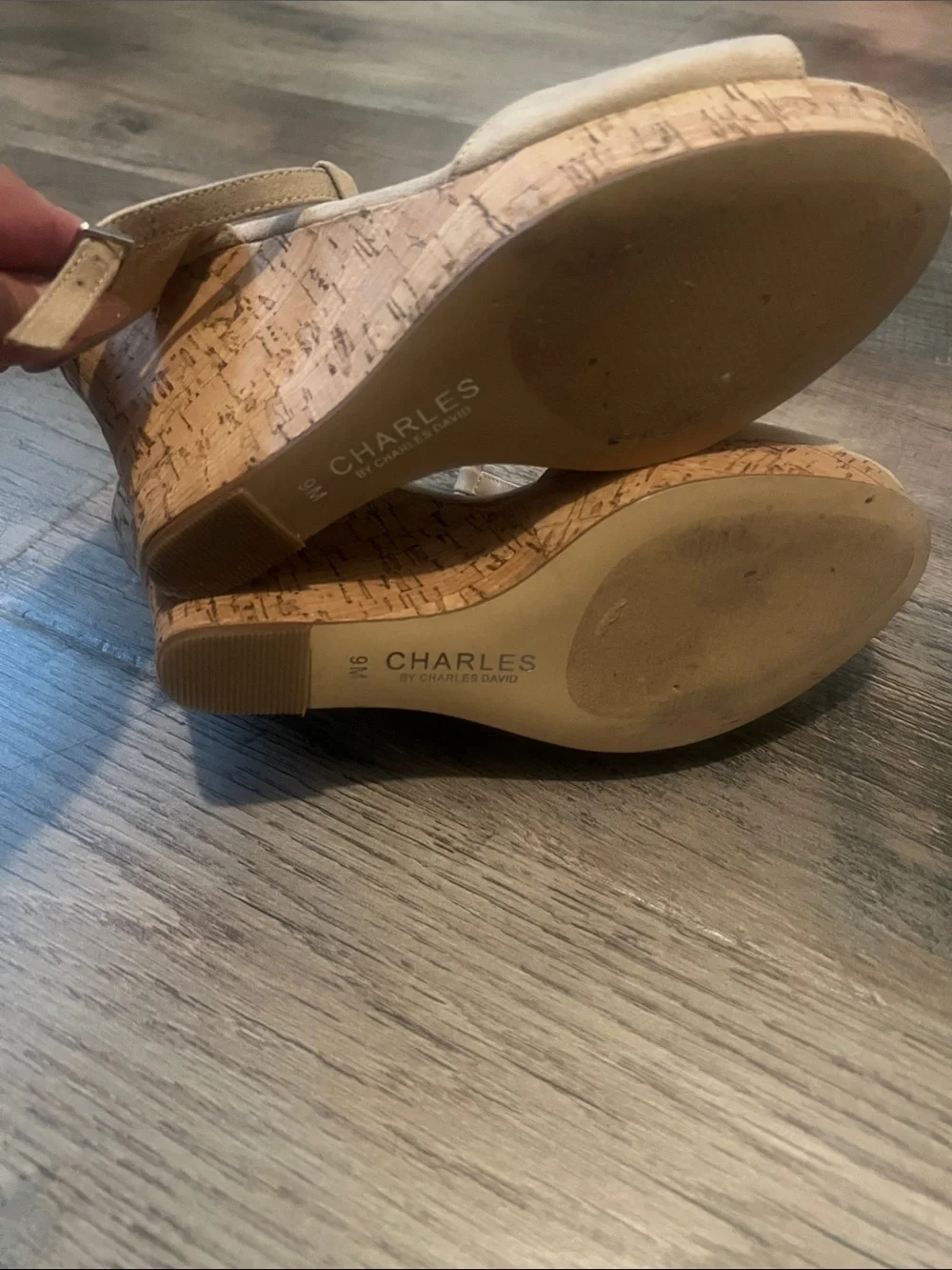 Charles By Charles David Neutral Beige Suede T-Strap Wedges